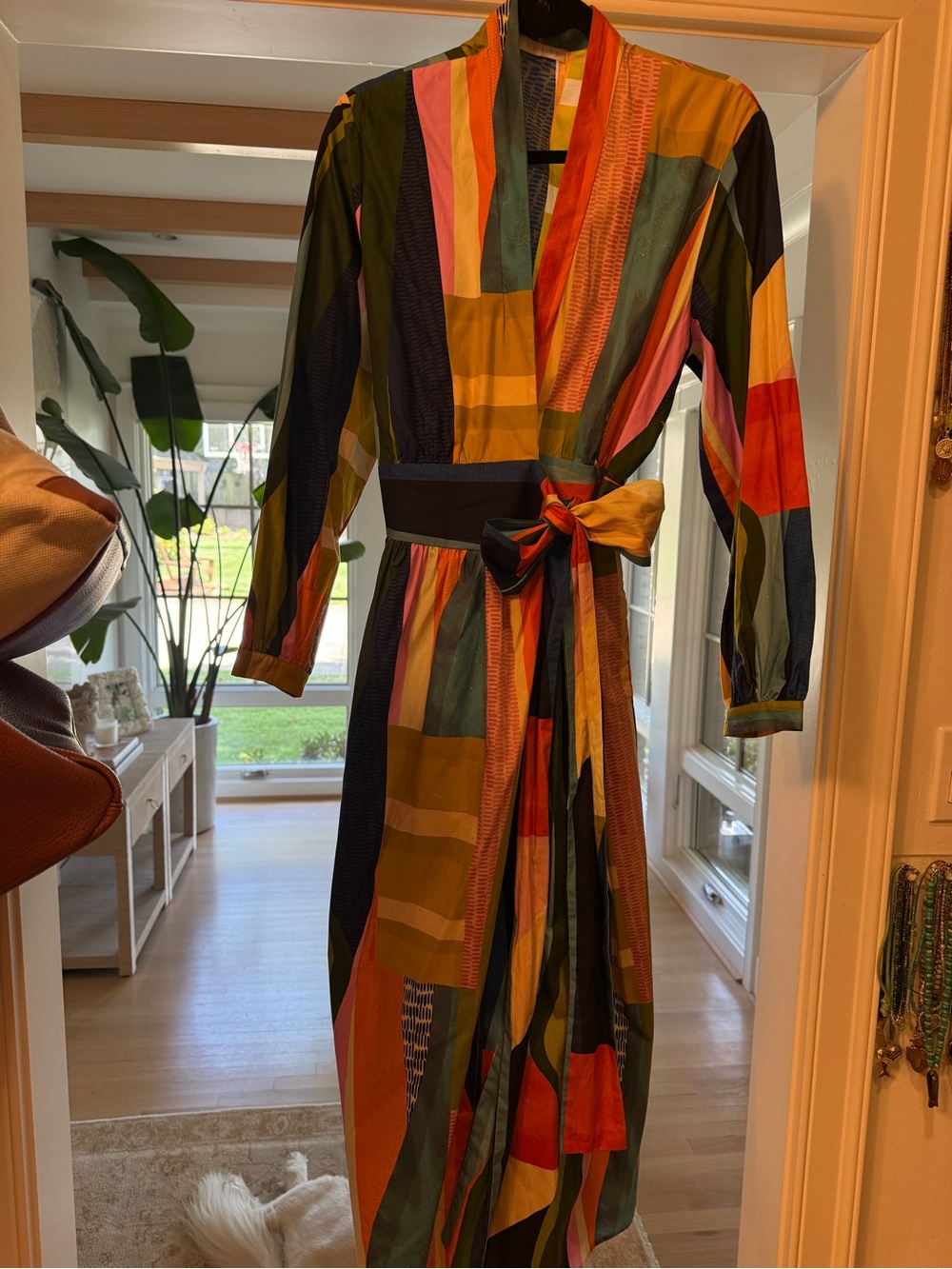 Karlie Multi-Stripe Long Sleeve Wrap Dress in Green, Mustard & Navy